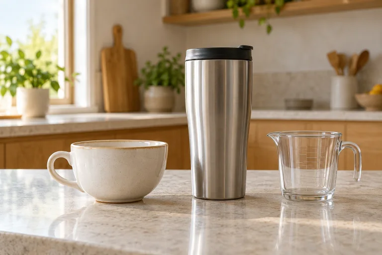 A low cappuccino cup, tall travel mug and measuring jug on a kitchen counter
