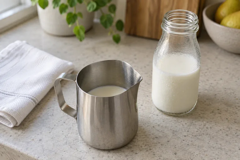 A clean stainless steel milk pitcher and fresh cold milk ready for a cappuccino