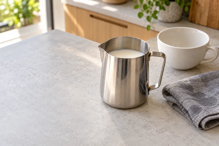 A milk pitcher, folded wiping cloth and empty latte cup ready on a kitchen counter
