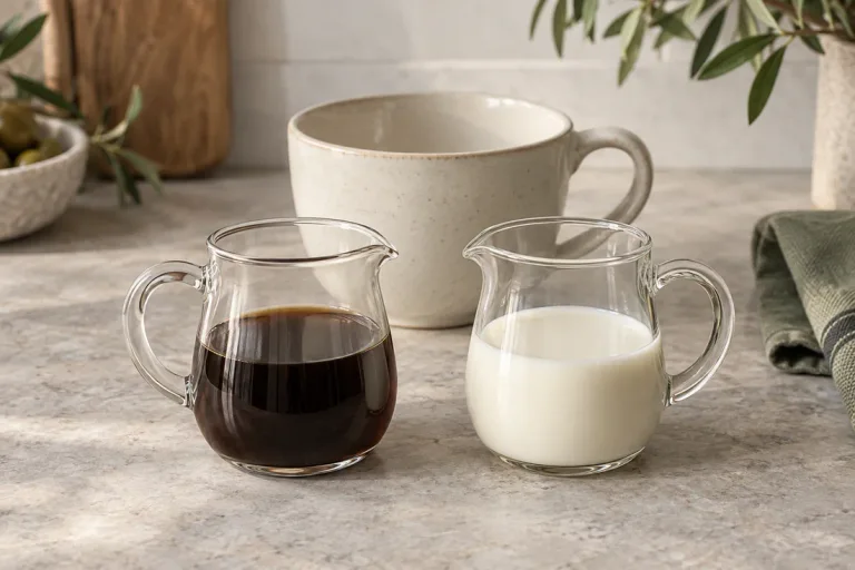 Matching small jugs of brewed coffee and milk beside an empty breakfast cup