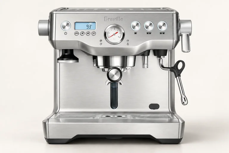 AI illustration of the Breville Dual Boiler BES920 in brushed stainless steel on a warm off-white studio background.