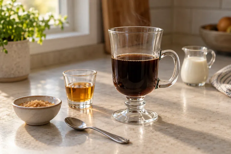 Hot black coffee in a handled heatproof glass with sugar and whiskey prepared nearby