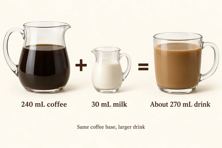 AI diagram: 240 mL coffee plus 30 mL milk makes about 270 mL of drink