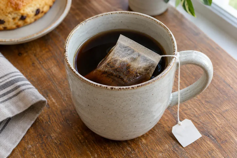 A purpose-made coffee filter bag steeping in a heatproof mug