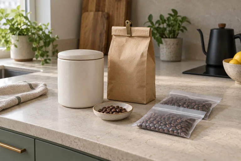 Opaque coffee canister, closed coffee bag and sealed portions for the freezer