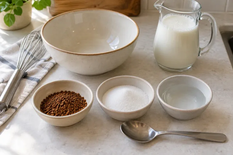 Instant coffee granules, sugar and water beside a mixing bowl, whisk and milk