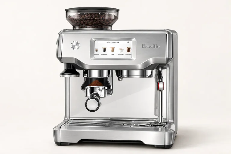 AI illustration of the Breville Barista Touch BES880 in brushed stainless steel on a warm off-white studio background.