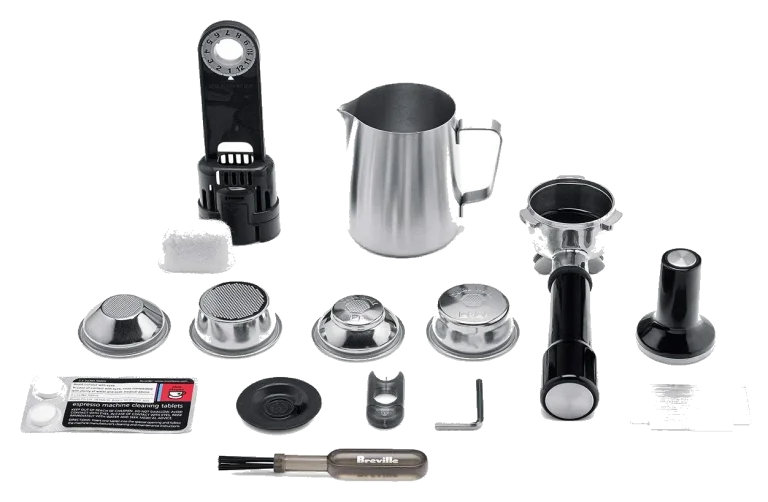 Breville BES870XL Barista Express accessories including portafilter, filters, milk jug, tamper, and cleaning tools