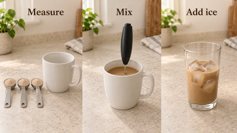 Three preparation stages: measure powder, mix in a roomy mug and add ice after mixing