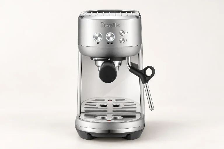 AI illustration of the Breville Bambino BES450 in brushed stainless steel on a warm off-white studio background.