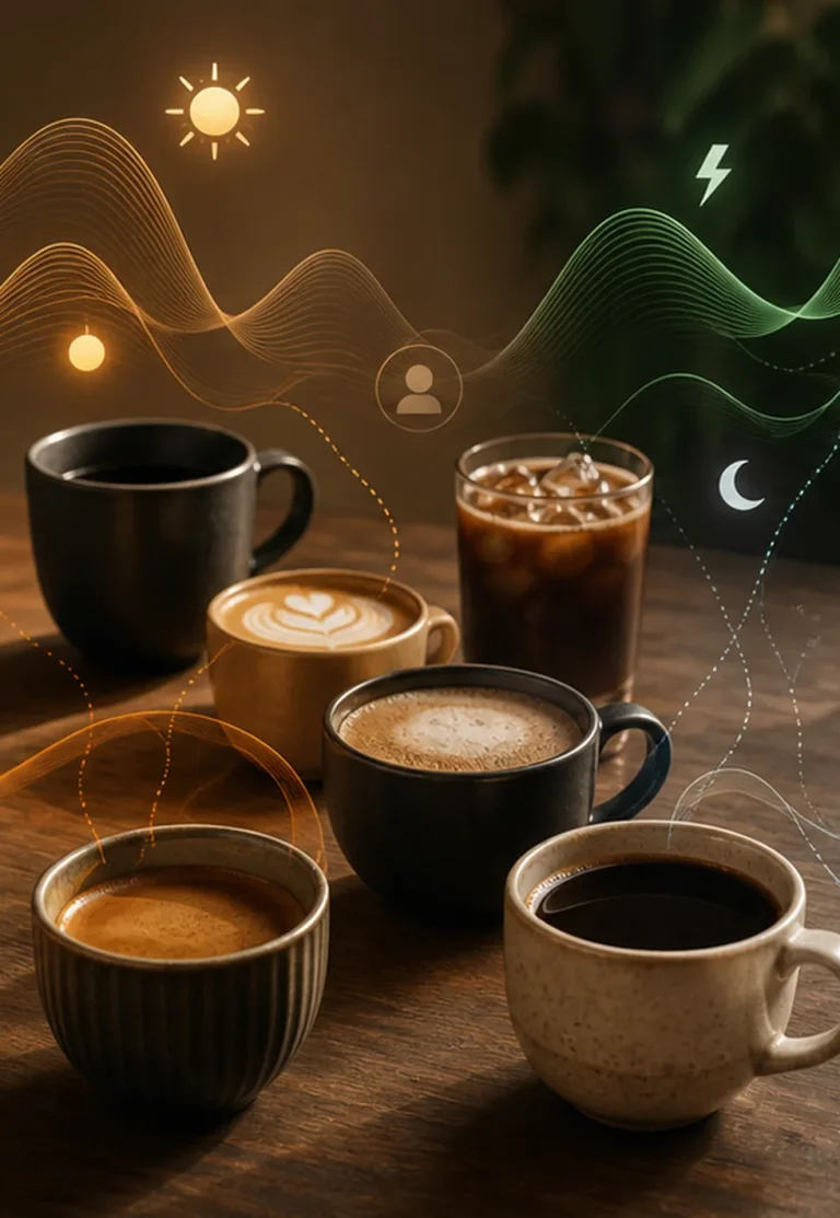 Caffeine feels personal: Assorted coffee drinks with abstract energy and sleep cues