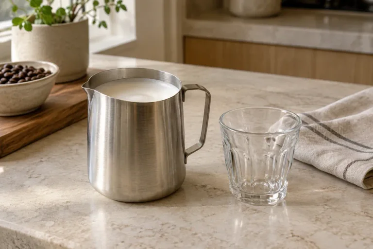 Glossy steamed milk in a small stainless pitcher beside a cortado glass