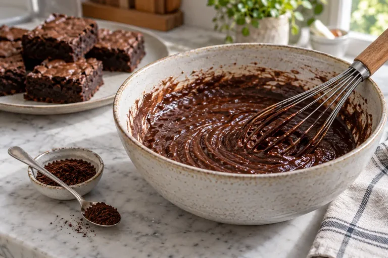 Chocolate batter and a spoonful of espresso powder ready to mix