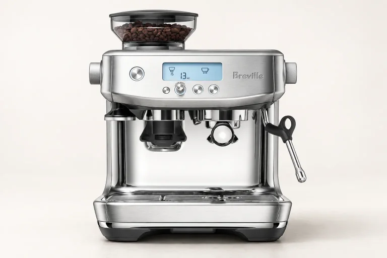 AI illustration of the Breville Barista Pro BES878 in brushed stainless steel on a warm off-white studio background.