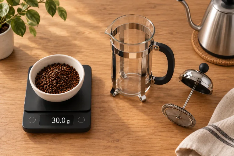 A bowl of ground coffee on a digital scale displaying 30 grams beside an empty French press