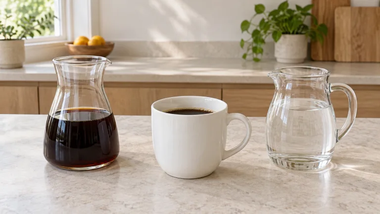 A small carafe of black coffee, a white mug and a separate jug of clear water on a kitchen counter