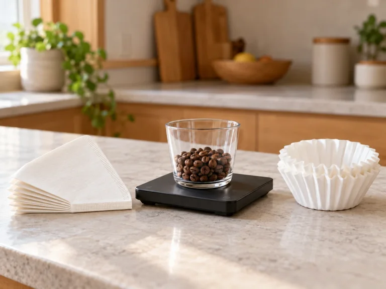 Beans in a separate glass on a small scale, beside wedge and flat-bottom paper filters