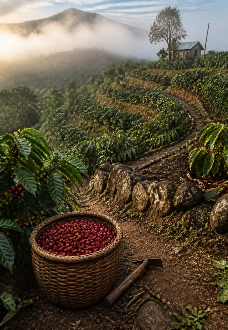 Smallholders grow much of coffee: Misty terraced smallholder coffee plot with harvest basket, hand hoe, stone borders, farmhouse, and mountain light