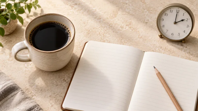 AI illustration of a coffee cup beside a blank notebook, pencil and clock