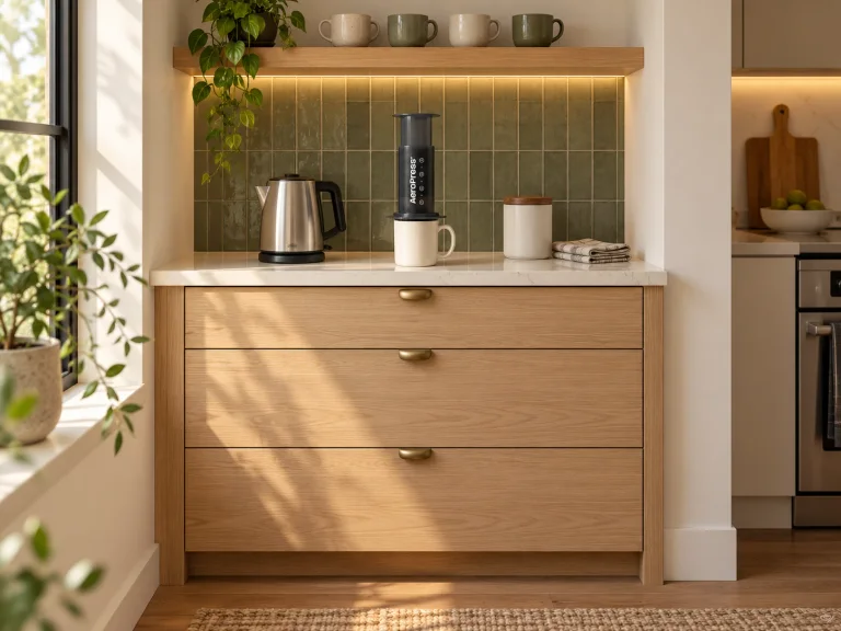 Compact oak coffee cabinet with three drawers, an olive tile backsplash and a small AeroPress brewing setup