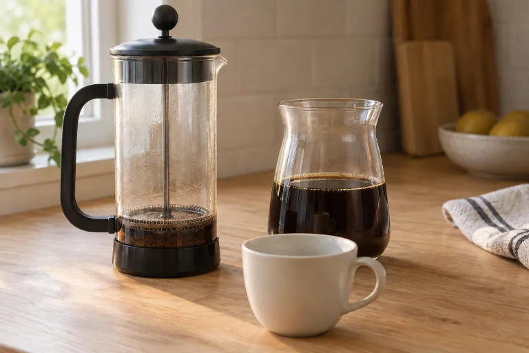 Brewed French press coffee decanted into a separate glass serving carafe