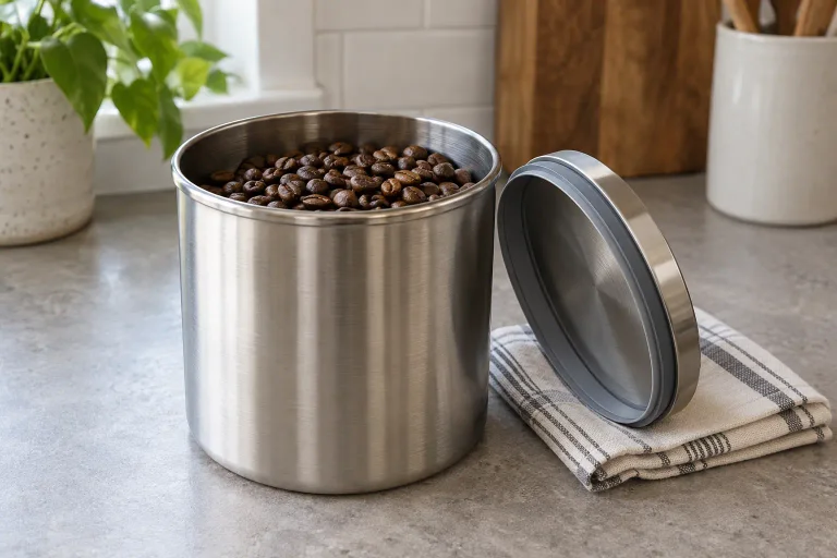 An opaque coffee canister and its lid with a clean sealing gasket