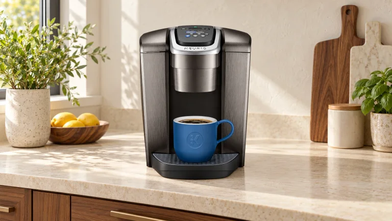 Keurig K-Elite Brushed Slate on a pale stone counter in a modern kitchen