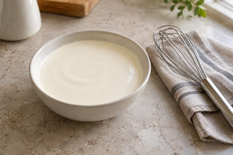 Smooth pourable cream in a small mixing bowl beside a whisk