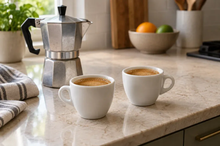 Two small cups of Cuban coffee with tan sugar foam beside a stovetop moka pot