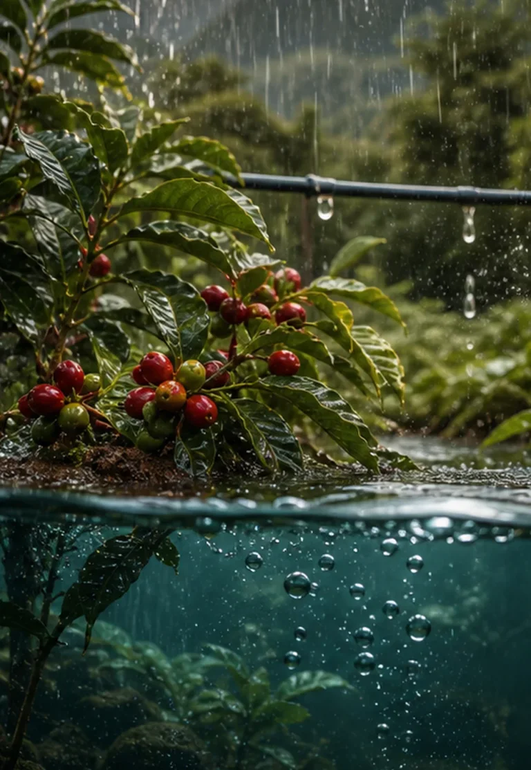 A cup carries a water footprint: Coffee plant under rain and irrigation droplets showing water footprint