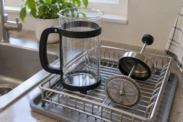 A washed glass French press and its removed plunger assembly drying on a rack