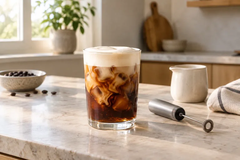 Iced coffee with a smooth cold-foam topping beside a handheld frother in a sunlit kitchen
