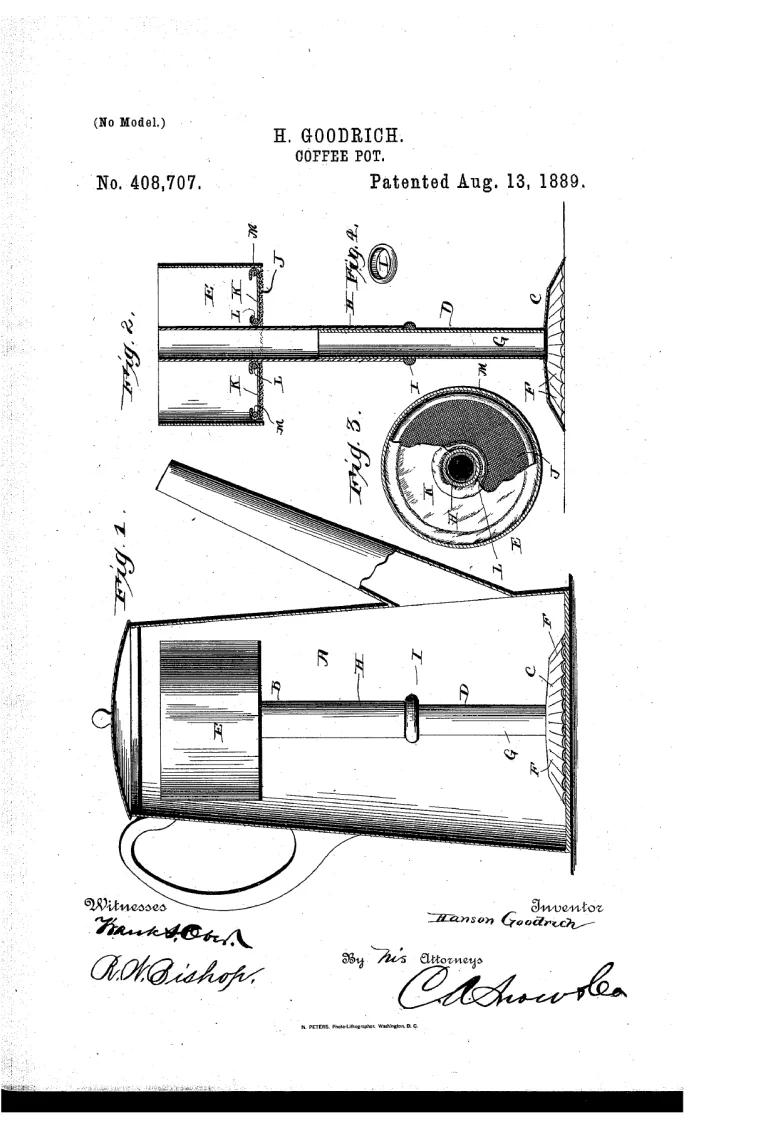 Original Goodrich patent sheet showing the percolator basket, central tube and coffee pot in section