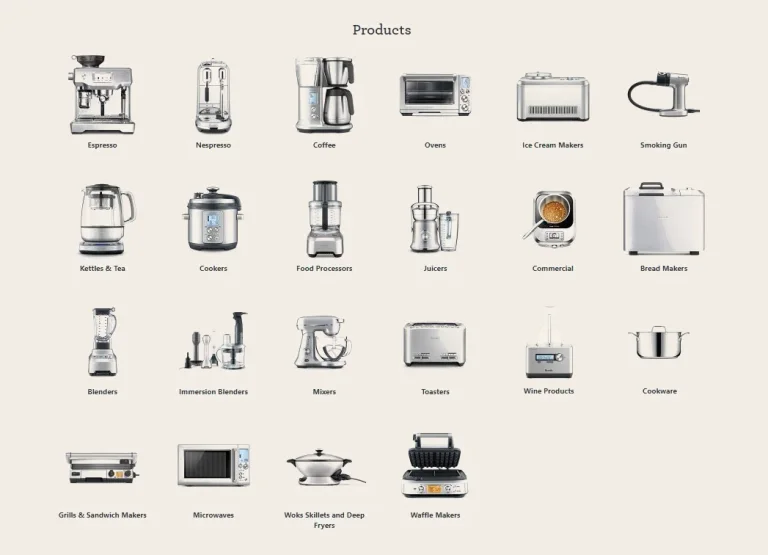 Grid of Breville kitchen appliance products including espresso machines and coffee equipment