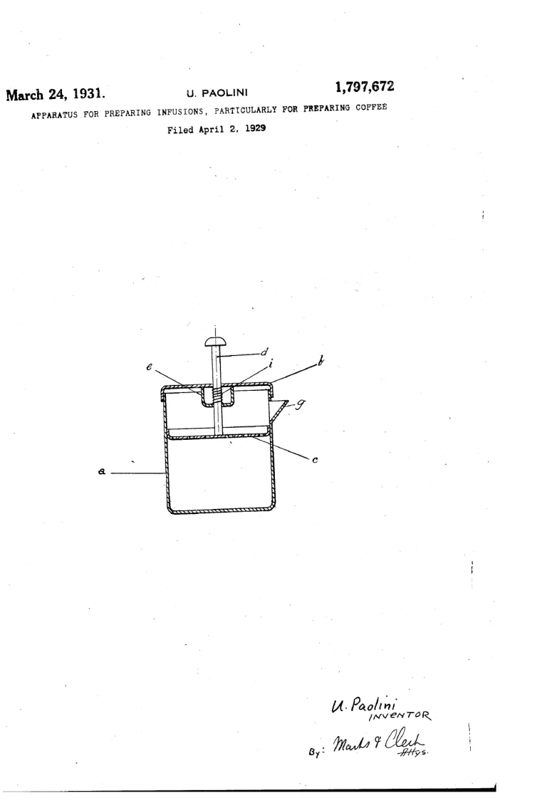 Original 1931 Paolini patent drawing of a vessel with a rod and sliding filter