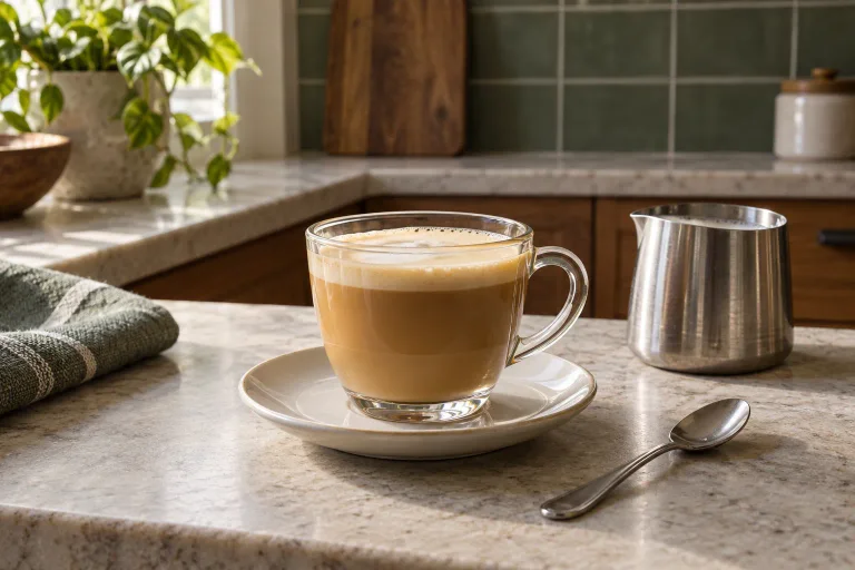 A small glass cup of breve coffee with fine creamy foam beside a milk pitcher