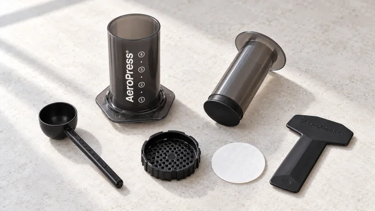 AeroPress Original chamber, separate plunger and seal, filter cap, paper filter, scoop and stirrer arranged on a stone counter