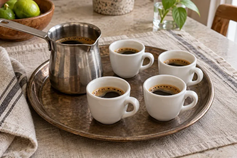 Small cups of dark Cuban coffee arranged on a tray beside a serving pitcher