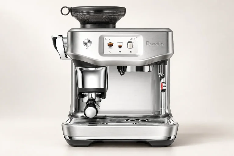 AI illustration of the Breville Barista Touch Impress BES881 in brushed stainless steel on a warm off-white studio background.