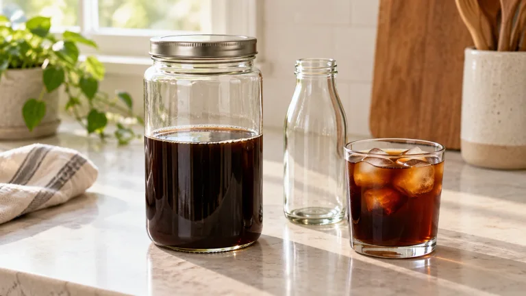 Covered cold-brew jar, clean storage bottle and a glass of iced coffee