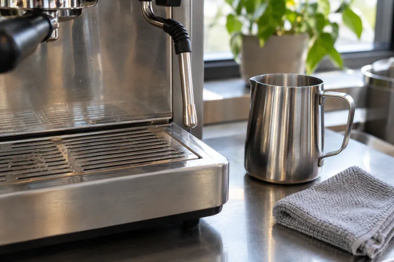 A tidy café milk station with a clean steam wand, pitcher and folded cloth