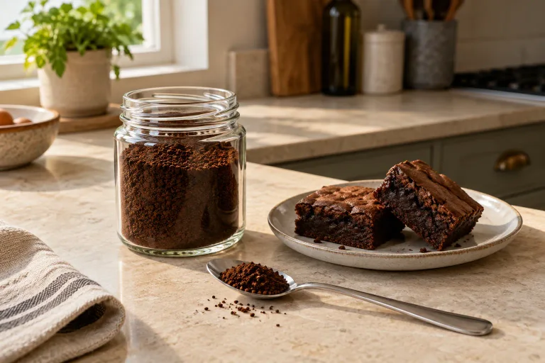 A jar and spoon of espresso powder beside chocolate brownies in a home kitchen
