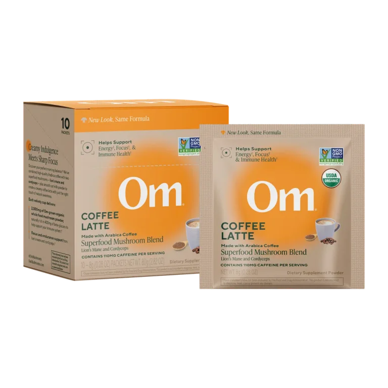Om Coffee Latte in its orange 10-packet box with one 8 g packet