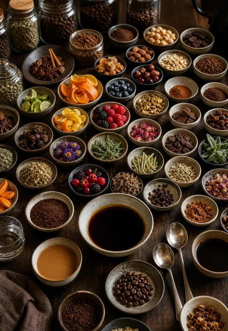 Coffee has 110 sensory attributes: Dense sensory reference table with many bowls of fruit, herbs, flowers, spices, chocolate, coffee, and cupping spoons