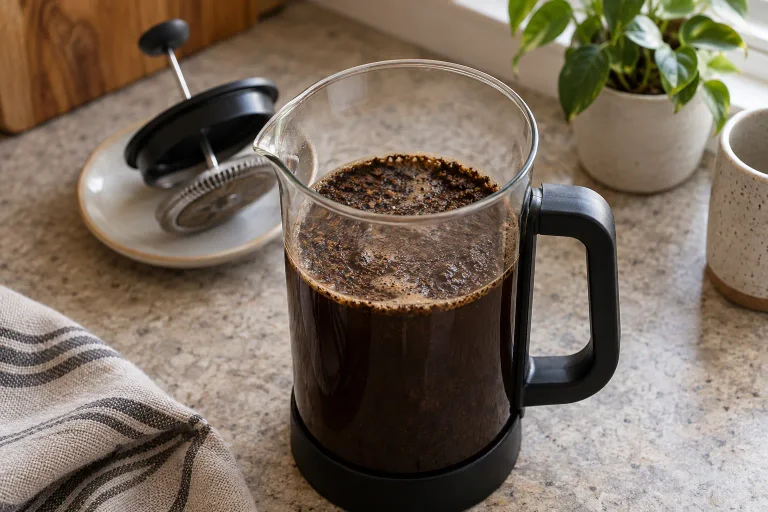 Floating coffee grounds form a crust inside an open French press before stirring