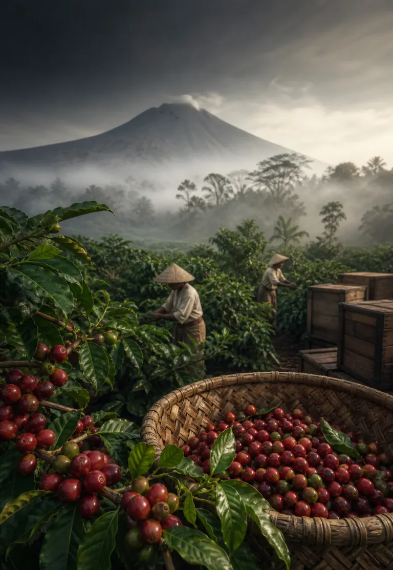 Java became coffee shorthand: Misty Java coffee plantation with volcanic mountain, red coffee cherries, harvest basket, and wooden crates