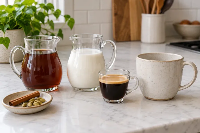 Chai concentrate, milk and espresso beside an empty mug
