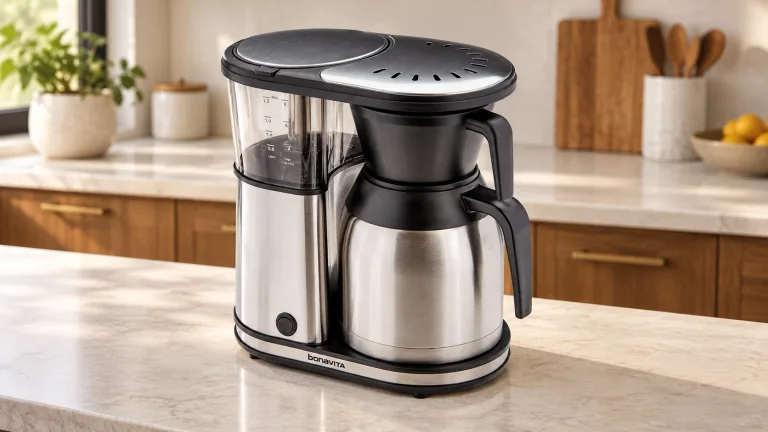 Bonavita BV1900TS in its BV1900TS original stainless 8-cup brewer with basket resting on thermal carafe configuration on a stone counter in a modern kitchen