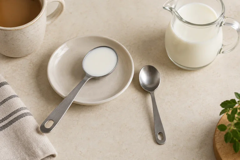 AI illustration of a larger measuring spoon filled with milk beside a smaller spoon, pitcher and coffee