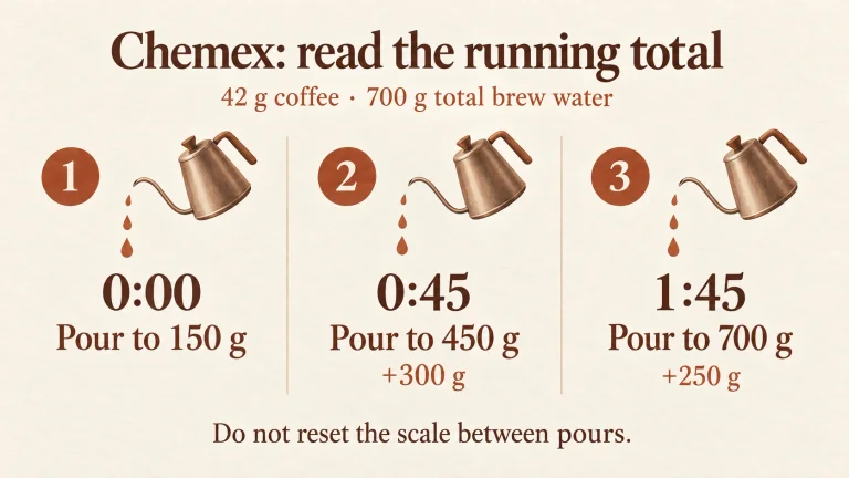 AI diagram: cumulative Chemex pours, 150 g at start, 450 g at 0:45, 700 g at 1:45